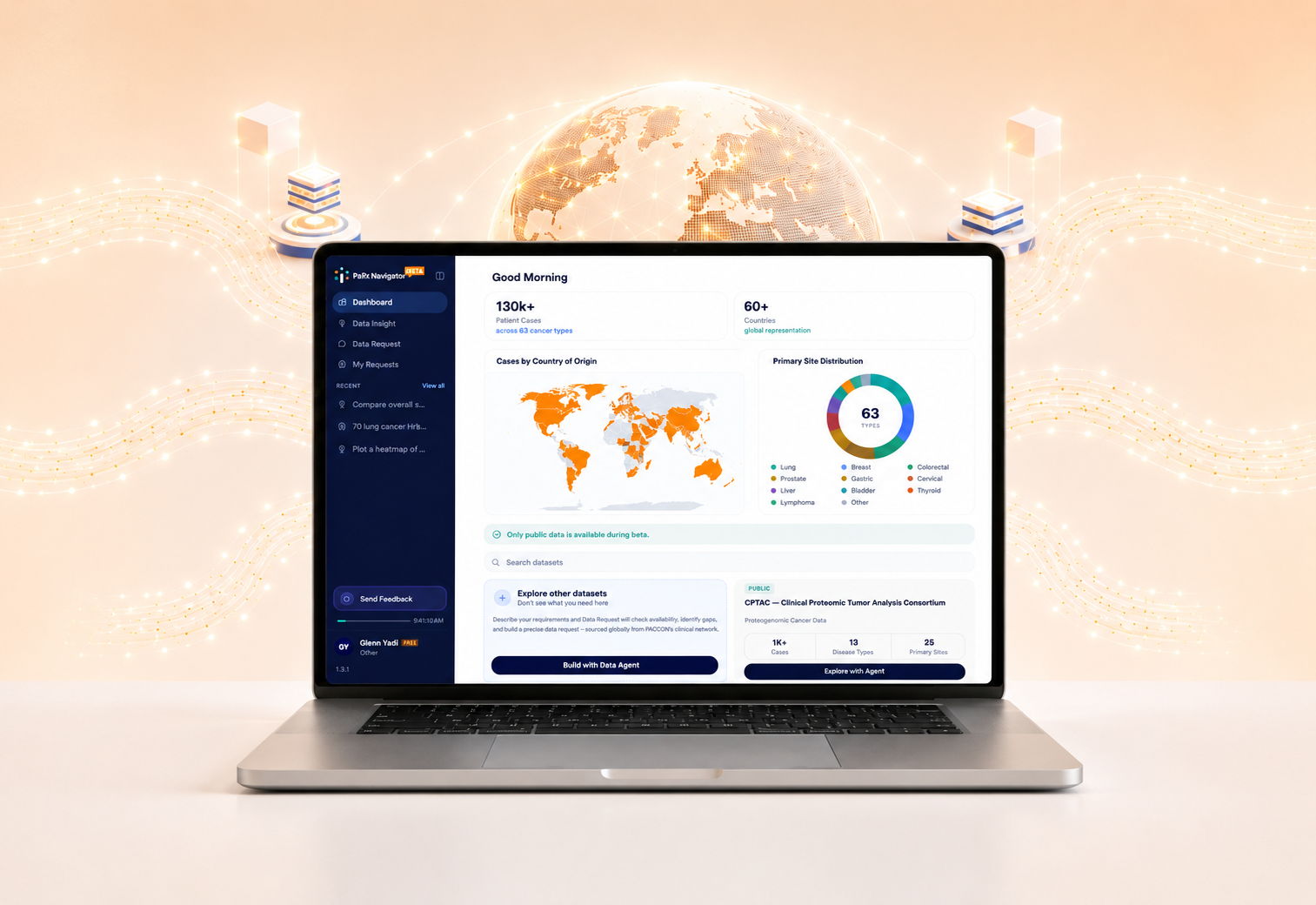 PaiX Navigator dashboard: global patient cases, countries covered, and primary site distribution
